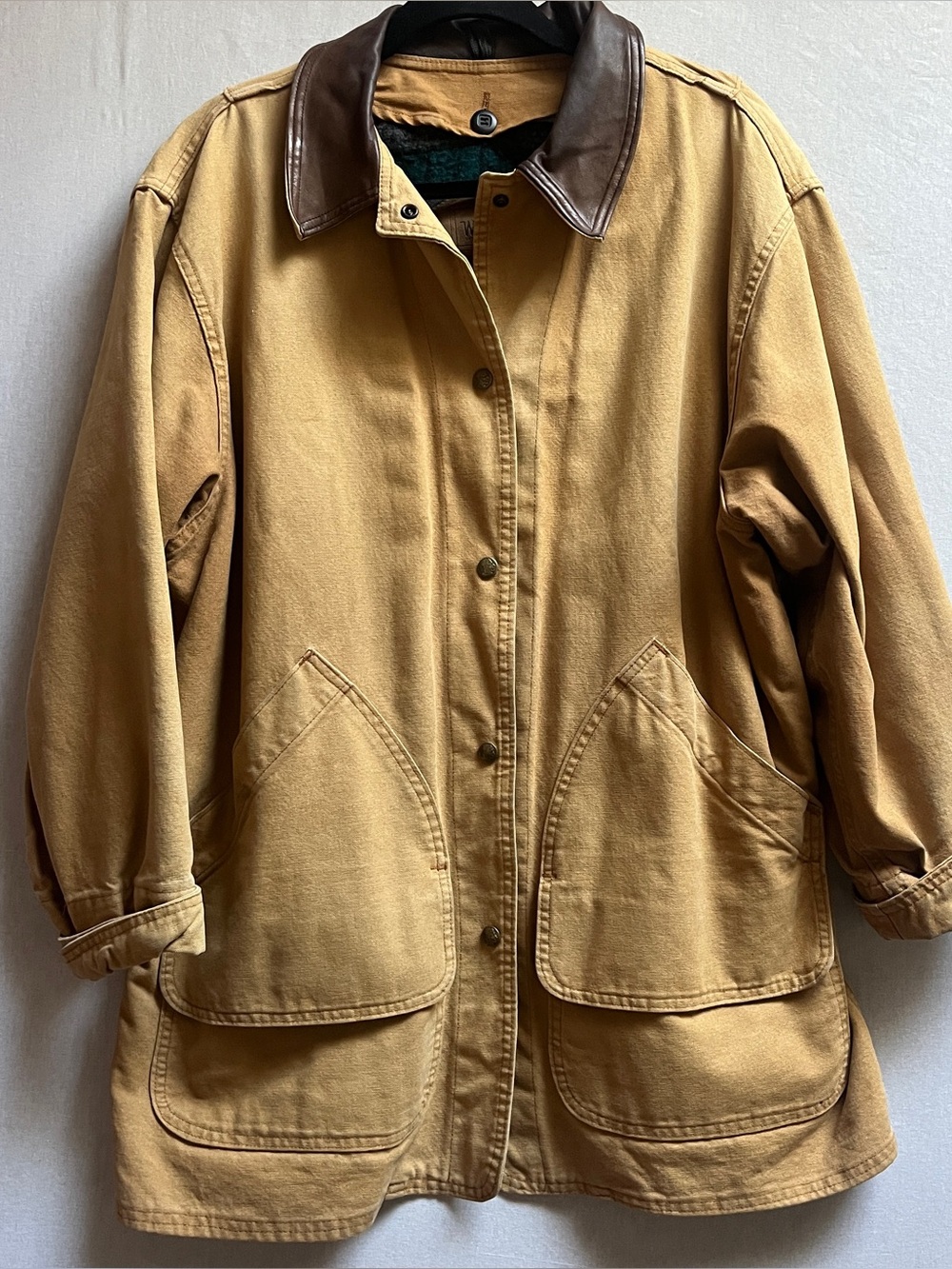 Woolrich Leather Collar Wool Lined Cotton Canvas Barn Chore Jacket Coat Size L